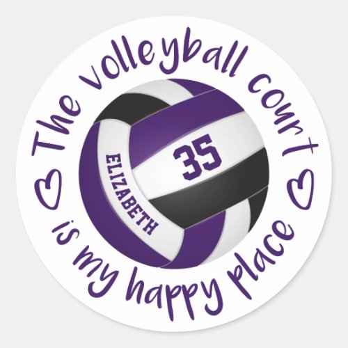 girly purple black volleyball court my happy place classic round sticker