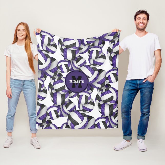 girly purple black volleyball team colors fleece blanket (In Situ)