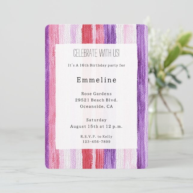 Girly Purple Blush Pink Red Stripes Birthday Invitation (Standing Front)