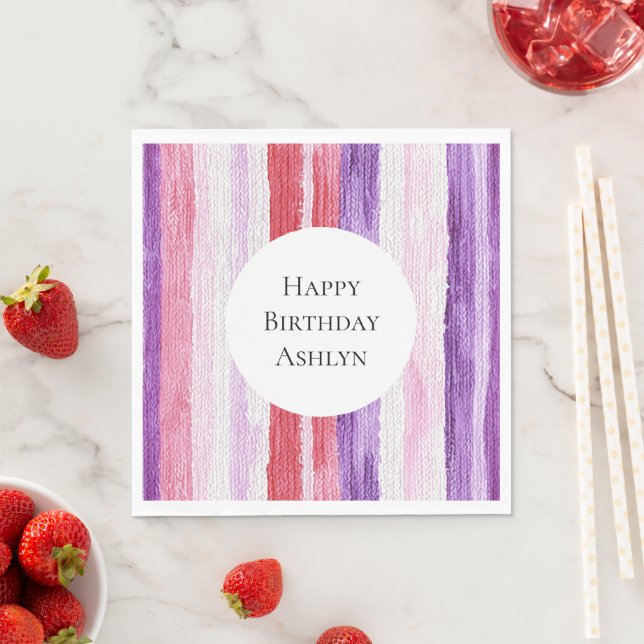 Girly Purple Blush Pink Red Stripes Birthday Napkins (Insitu)