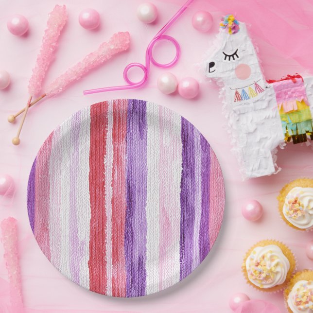 Girly Purple Blush Pink Red Stripes Birthday Paper Plates (Party)