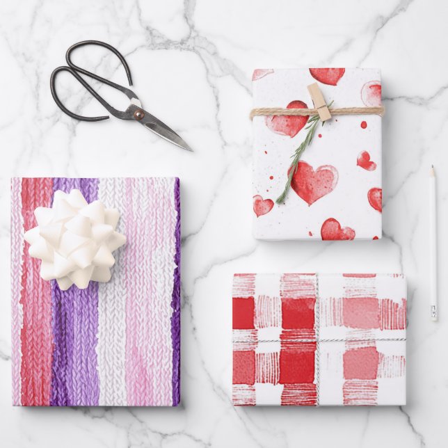 Girly Purple Blush Pink Red Stripes Birthday Wrapping Paper Sheets (Front)
