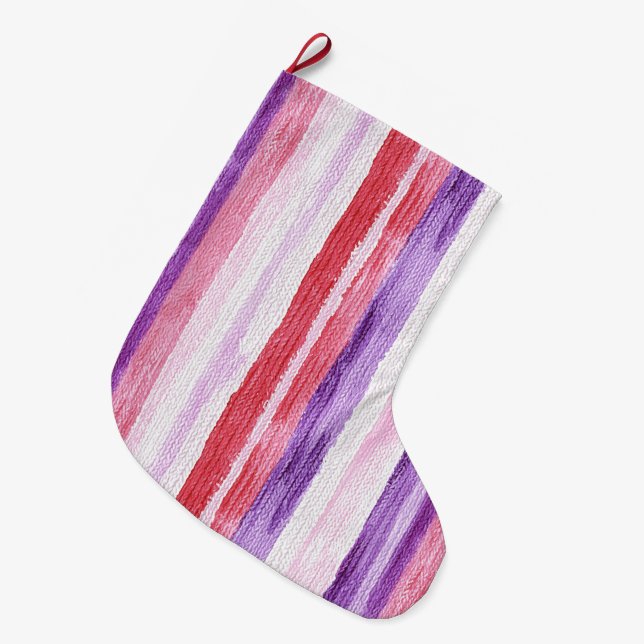 Girly Purple Blush Pink Red Stripes Christmas Large Christmas Stocking (Front (Hanging))