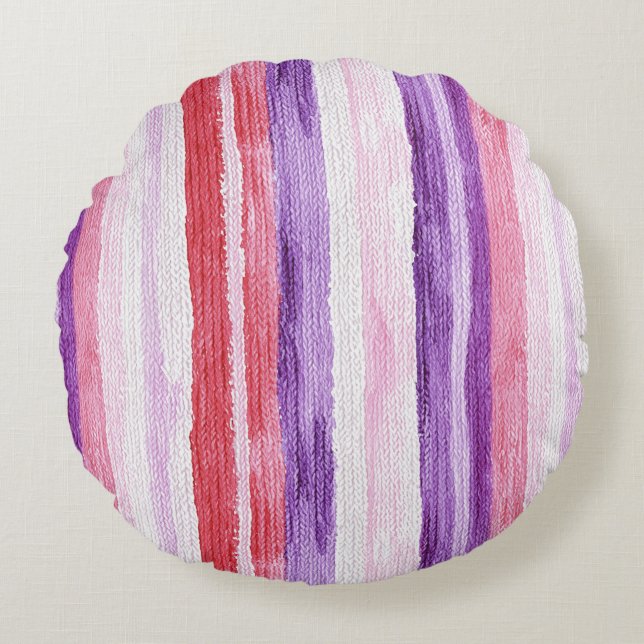 Girly Purple Blush Pink Red Stripes Christmas Round Pillow (Front)