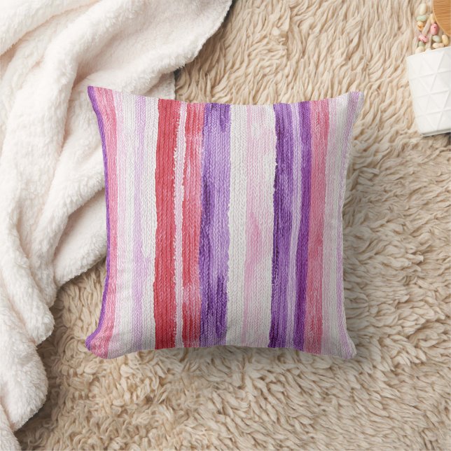 Girly Purple Blush Pink Red Stripes Christmas Throw Pillow (Blanket)