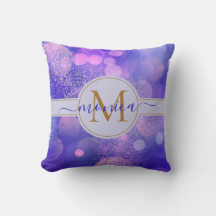 Girly Purple Bokeh Gold Glitter Monogram Name Throw Pillow