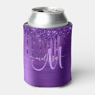Girly Purple Brushed Metal Dripping Glitter Can Cooler