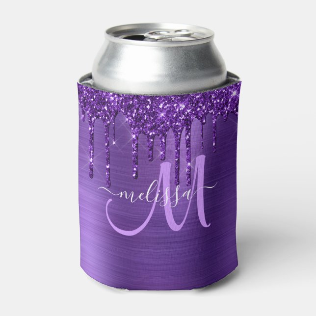 Girly Purple Brushed Metal Dripping Glitter Can Cooler (Can Front)