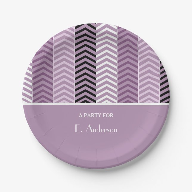 Girly Purple Chevron Stripes Pattern With Name Paper Plates (Front)
