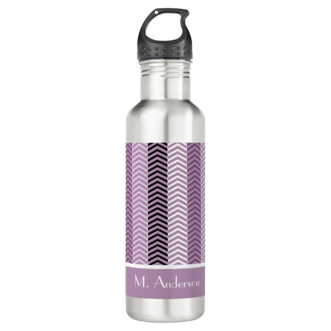 Girly Purple Chevron Stripes Pattern With Name Water Bottle (Front)