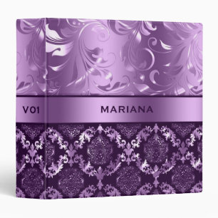 Girly Purple Damasks & Metallic Swirls 3 Ring Binder