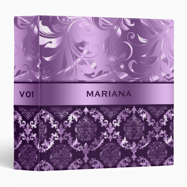 Girly Purple Damasks & Metallic Swirls 3 Ring Binder (Front/Spine)