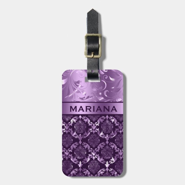 Girly Purple Damasks & Metallic Swirls Luggage Tag (Front Vertical)