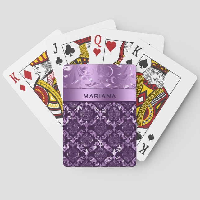 Girly Purple Damasks & Metallic Swirls Poker Cards (Back)