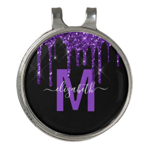 Girly Purple Dripping Glitter Black Monogram Name Golf Hat Clip