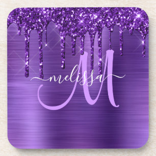 Girly Purple Dripping Glitter Brush Metal Monogram Beverage Coaster