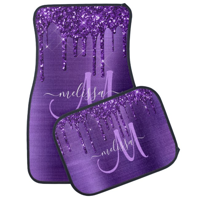 Girly Purple Dripping Glitter Brush Metal Monogram Car Floor Mat (Set)