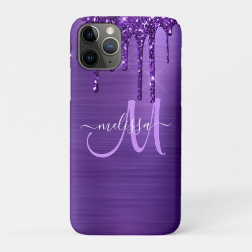 Girly Purple Dripping Glitter Brush Metal Monogram iPhone 11 Pro Case