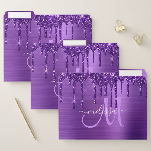 Girly Purple Dripping Glitter Brush Metal Monogram File Folder