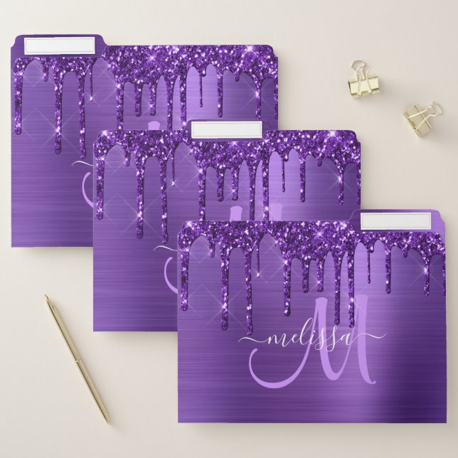 Girly Purple Dripping Glitter Brush Metal Monogram File Folder (Set)