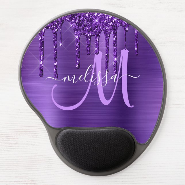 Girly Purple Dripping Glitter Brush Metal Monogram Gel Mouse Pad (Front)