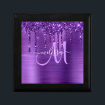 Girly Purple Dripping Glitter Brush Metal Monogram Gift Box<br><div class="desc">Add a touch of glitter and glam to your gift giving with this elegant personalized gift box. This chic design template features a modern lavender script monogram and name in white script to personalize on a background of purple brushed metallic texture accented by a border of faux dripping glitter. A...</div>