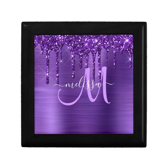 Girly Purple Dripping Glitter Brush Metal Monogram Gift Box (Front)