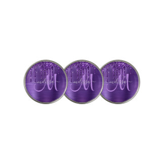 Girly Purple Dripping Glitter Brush Metal Monogram Golf Ball Marker