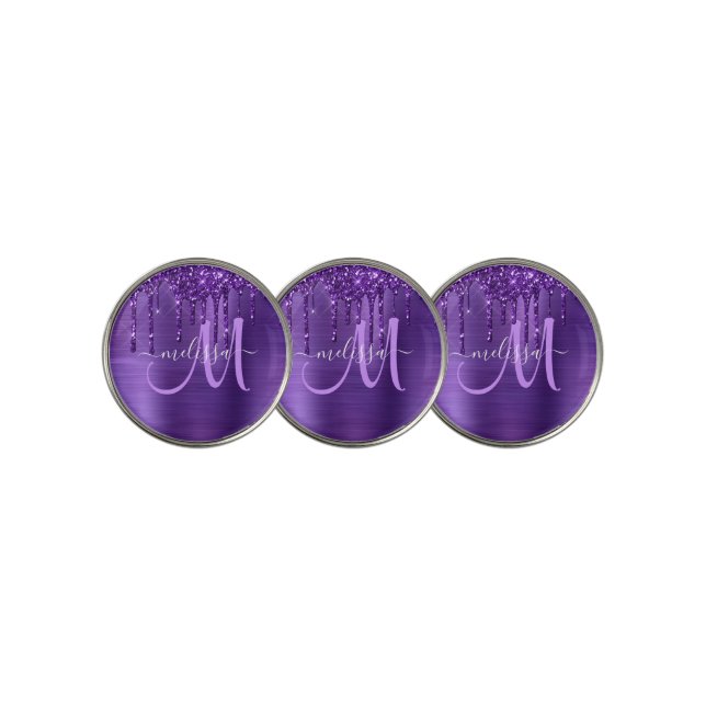 Girly Purple Dripping Glitter Brush Metal Monogram Golf Ball Marker (3 Up)
