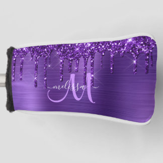 Girly Purple Dripping Glitter Brush Metal Monogram Golf Head Cover