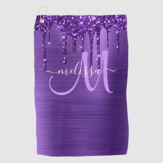 Girly Purple Dripping Glitter Brush Metal Monogram Golf Towel