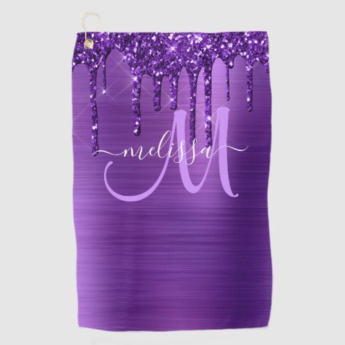 Girly Purple Dripping Glitter Brush Metal Monogram Golf Towel