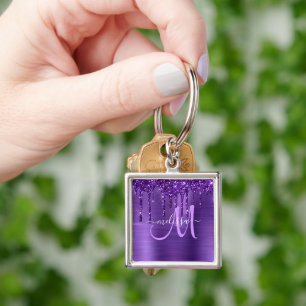 Girly Purple Dripping Glitter Brush Metal Monogram Keychain