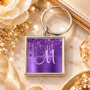 Girly Purple Dripping Glitter Brush Metal Monogram Keychain