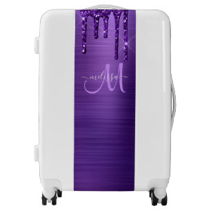 Girly Purple Dripping Glitter Brush Metal Monogram Luggage