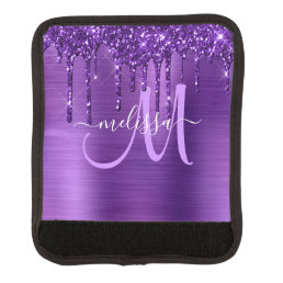 Girly Purple Dripping Glitter Brush Metal Monogram Luggage Handle Wrap
