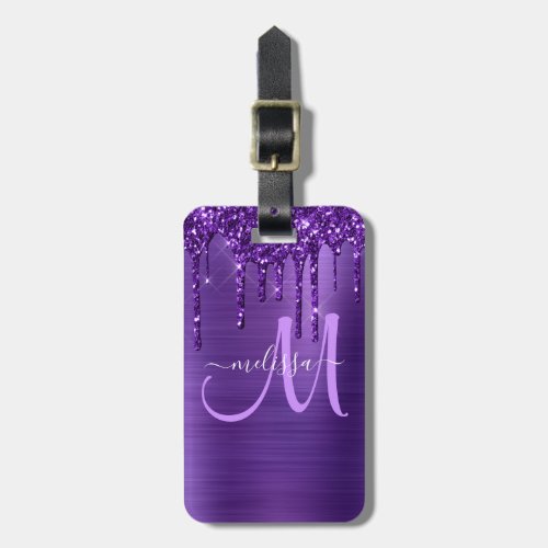 Girly Purple Dripping Glitter Brush Metal Monogram Luggage Tag