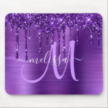 Girly Purple Dripping Glitter Brush Metal Monogram Mouse Pad<br><div class="desc">Add a touch of glitter and glam to your home office or dorm with this elegant personalized mouse pad. This chic design template features a large lavender script monogram and your name in white to personalize on a background of purple brushed metallic texture accented by a border of faux dripping...</div>