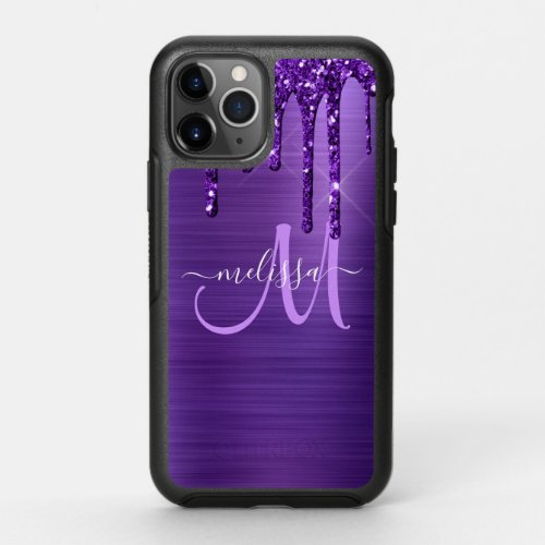 Girly Purple Dripping Glitter Brush Metal Monogram OtterBox Symmetry iPhone 11 Pro Case