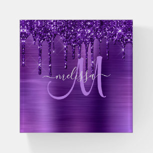 Girly Purple Dripping Glitter Brush Metal Monogram Paperweight