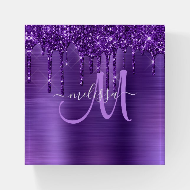 Girly Purple Dripping Glitter Brush Metal Monogram Paperweight (Front)