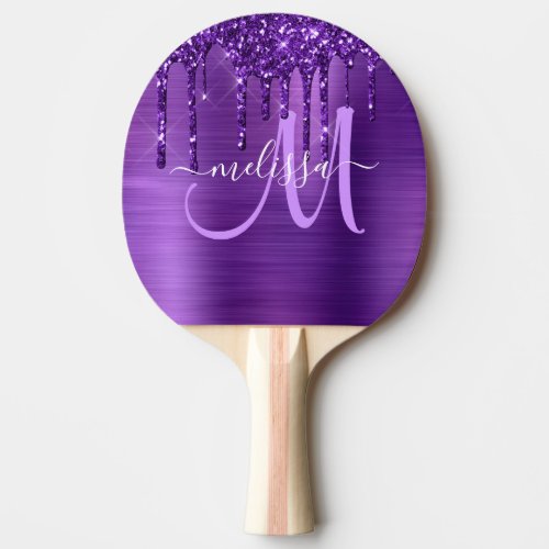 Girly Purple Dripping Glitter Brush Metal Monogram Ping Pong Paddle
