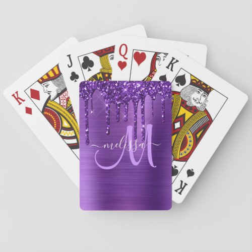 Girly Purple Dripping Glitter Brush Metal Monogram Poker Cards