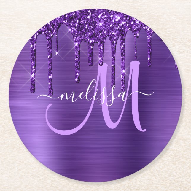 Girly Purple Dripping Glitter Brush Metal Monogram Round Paper Coaster (Front)