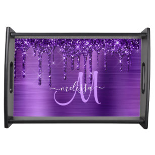 Girly Purple Dripping Glitter Brush Metal Monogram Serving Tray