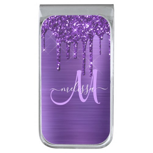 Girly Purple Dripping Glitter Brush Metal Monogram Silver Finish Money Clip