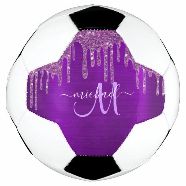 Girly Purple Dripping Glitter Brush Metal Monogram Soccer Ball (Front)