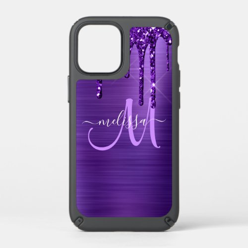 Girly Purple Dripping Glitter Brush Metal Monogram Speck iPhone 12 Mini Case