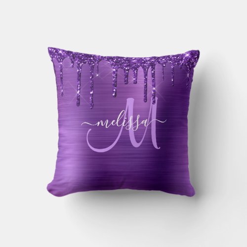 Girly Purple Dripping Glitter Brush Metal Monogram Throw Pillow