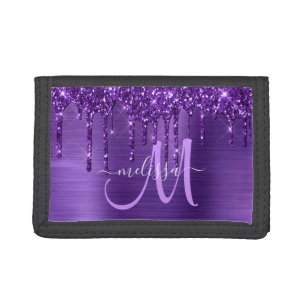 Girly Purple Dripping Glitter Brush Metal Monogram Tri-fold Wallet